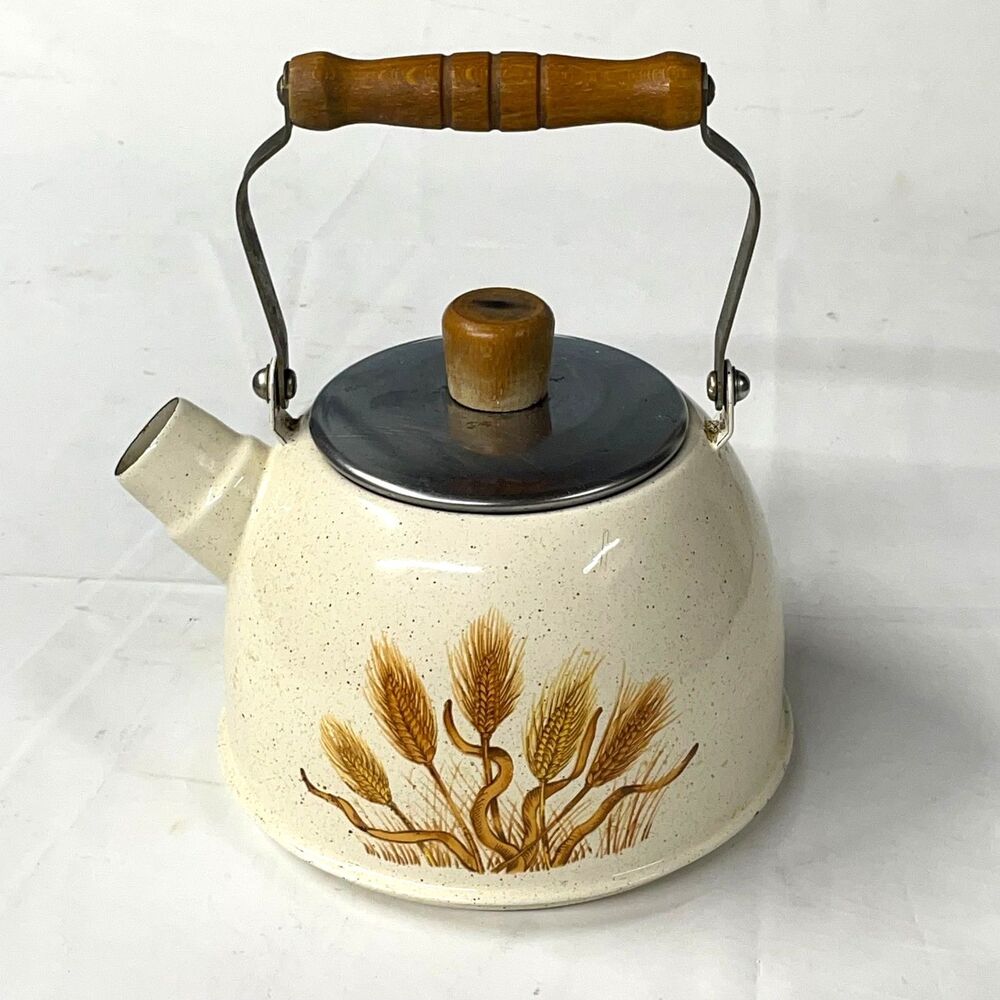 Vintage Hitmark Japan Enamel Tea Kettle Wheat Harvest Farmhouse Decor 70's